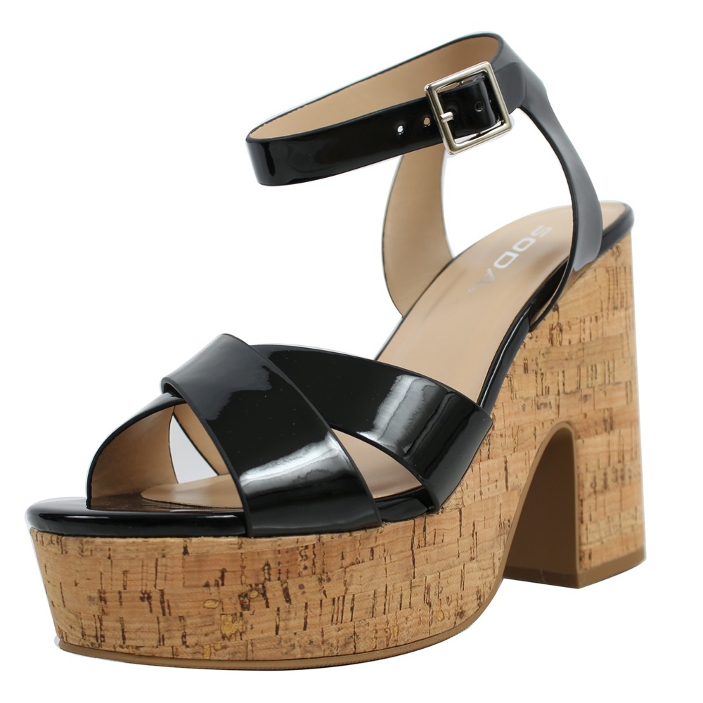 Black Criss Cross Ankle Strap Chunky Cork Platform Heel